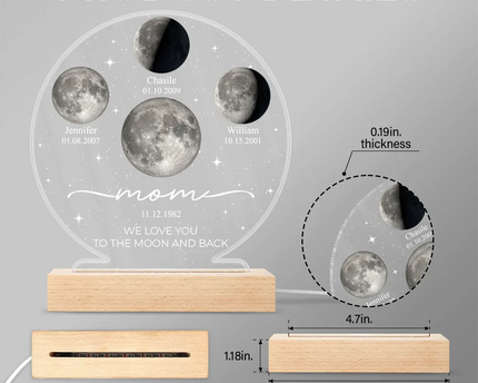 Moon Phase We Love You To The Moon And Back - Personalized 3D Led Light Wooden Base