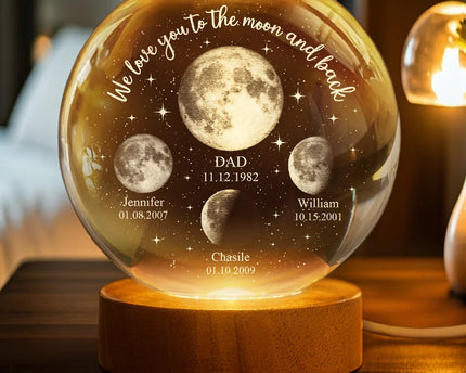 Moon Phase We Love You To The Moon And Back - Personalized Crystal Globe Lamp