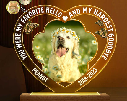 Custom Photo Dog Cat My Favorite Hello & Hardest Goodbye - Personalized 3D Led Light Wooden Base