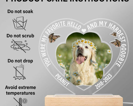 Custom Photo Dog Cat My Favorite Hello & Hardest Goodbye - Personalized 3D Led Light Wooden Base