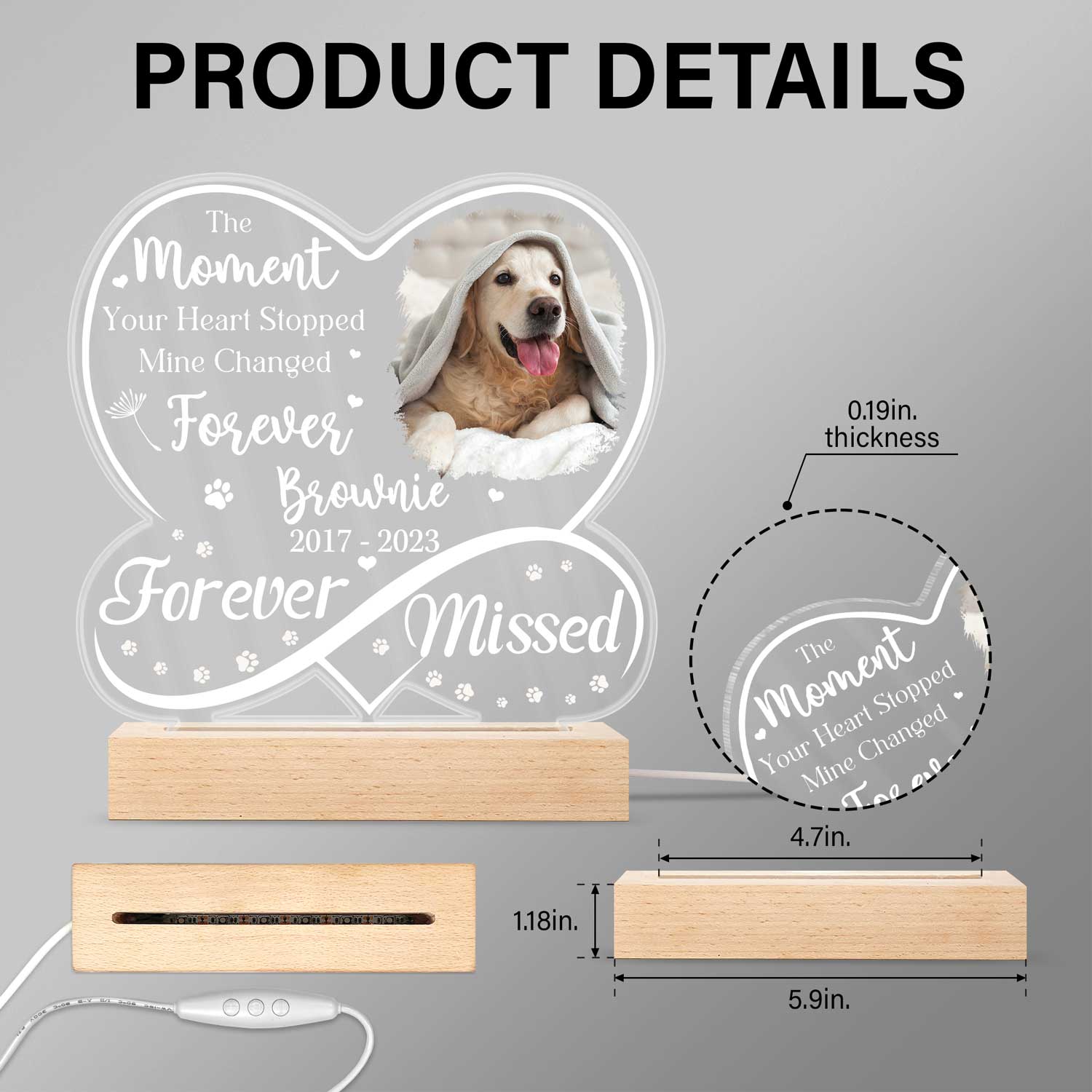 Custom Photo Dog Cat Infinity Heart Forever Missed - Personalized 3D Led Light Wooden Base