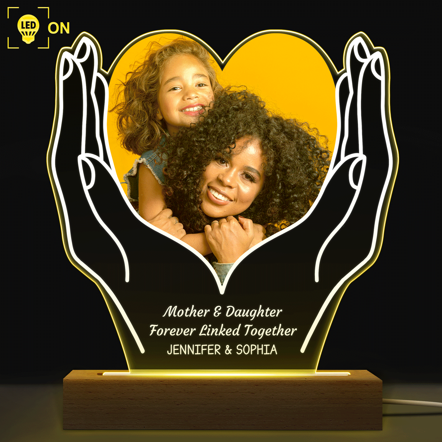 Custom Photo Cherished Heart - Personalized 3D Led Light Wooden Base