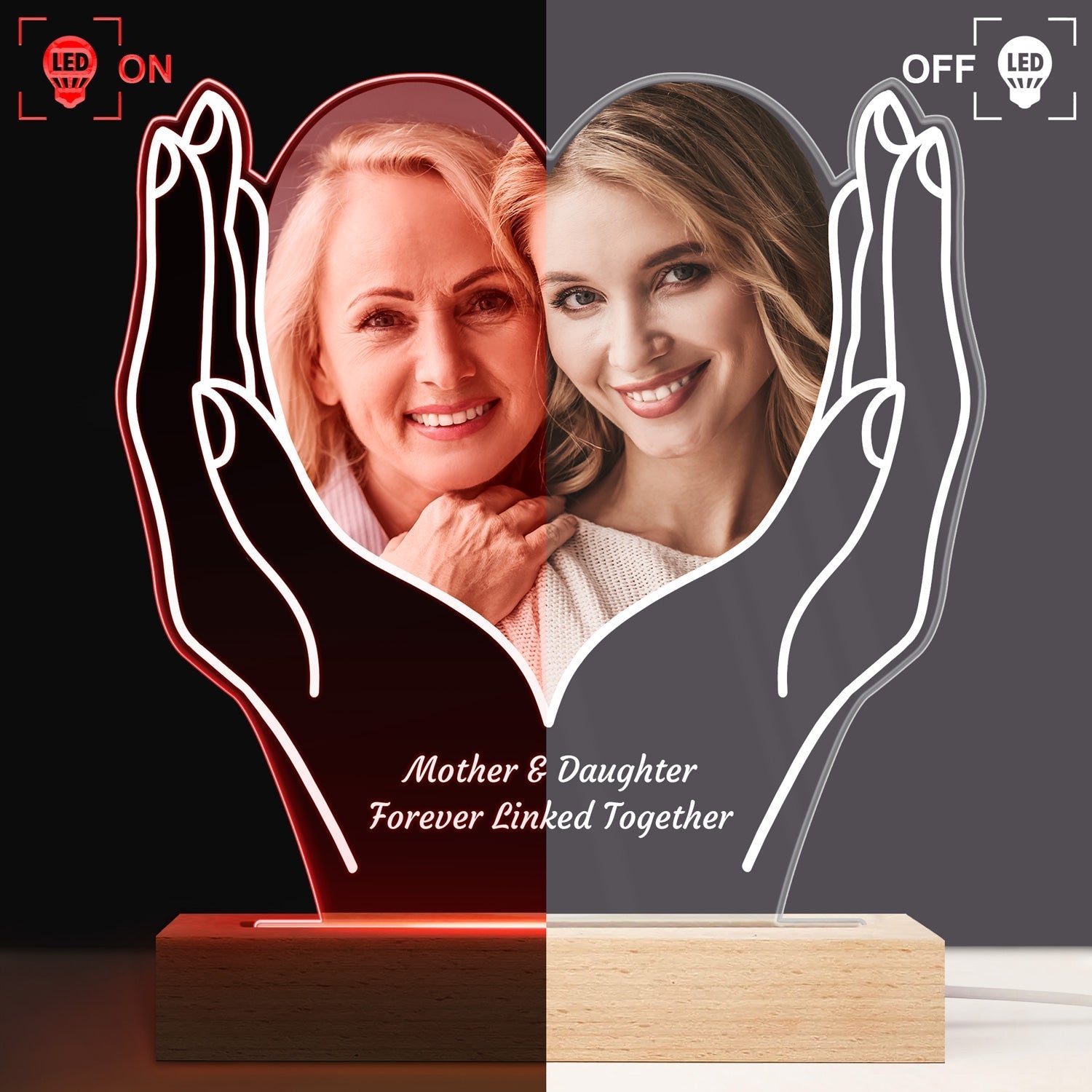 Custom Photo Cherished Heart - Personalized 3D Led Light Wooden Base
