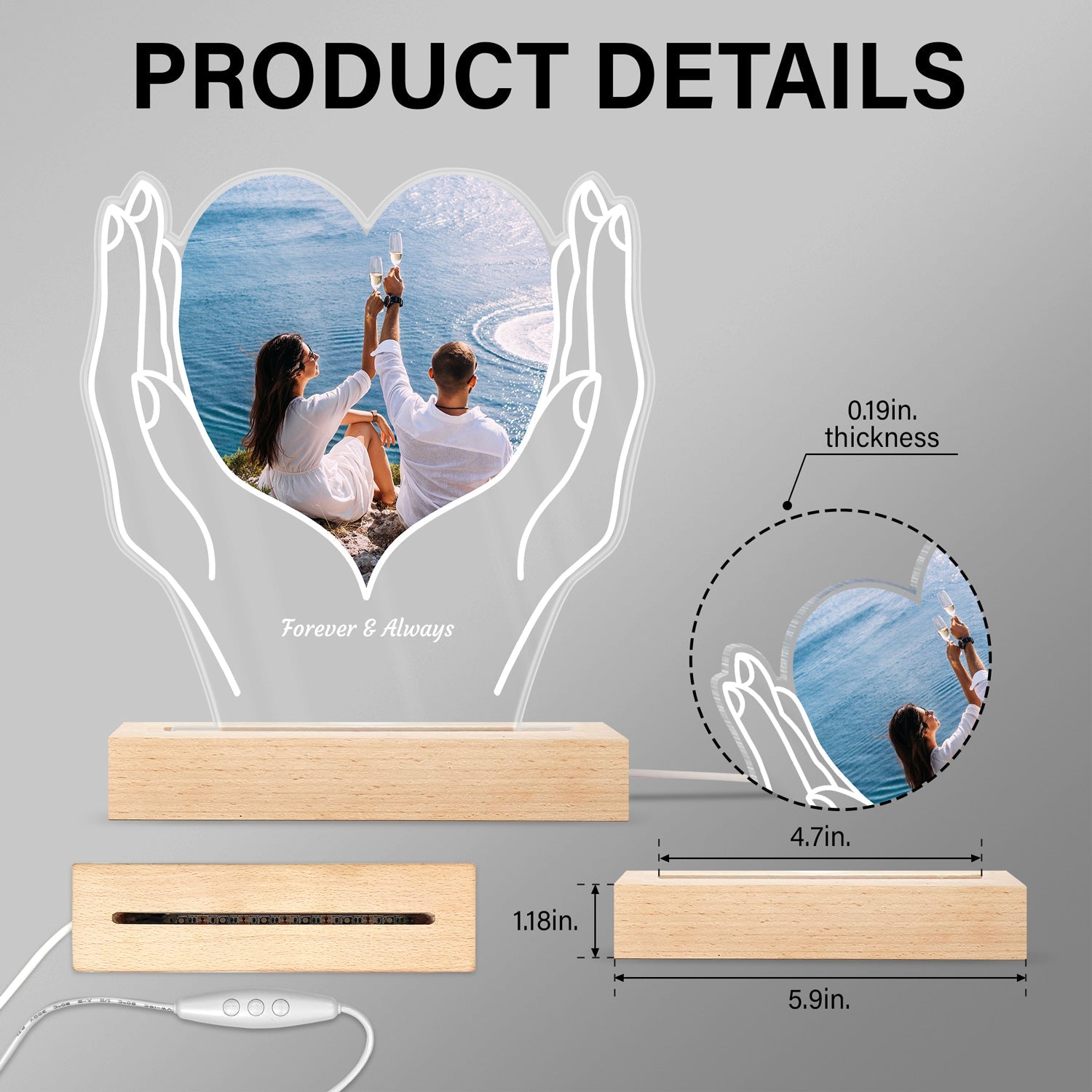 Custom Photo Cherished Heart - Personalized 3D Led Light Wooden Base