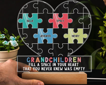 Grandchildren Fill A Space In Your Heart Puzzle - Personalized Custom 3D Led Light Wooden Base