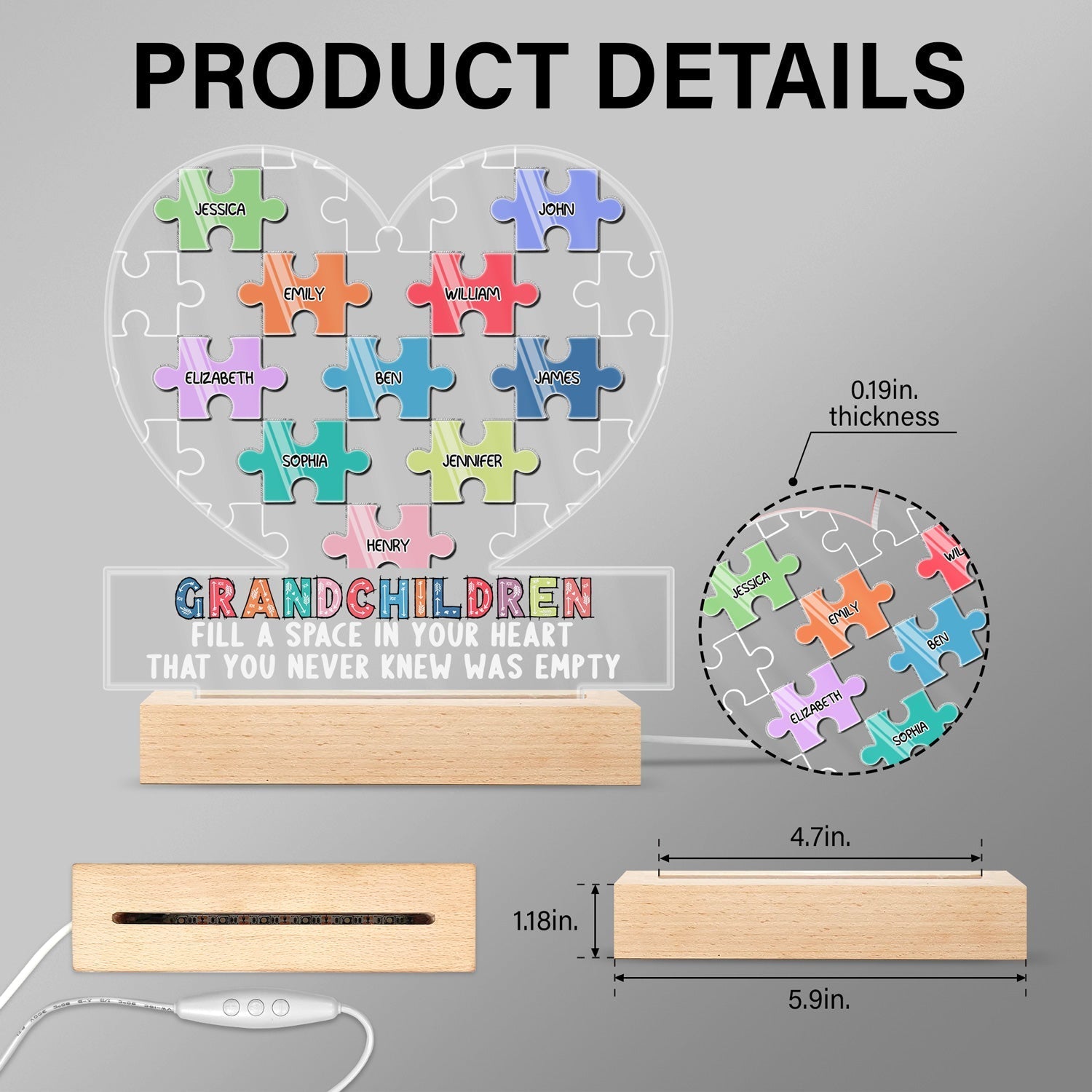 Grandchildren Fill A Space In Your Heart Puzzle - Personalized Custom 3D Led Light Wooden Base
