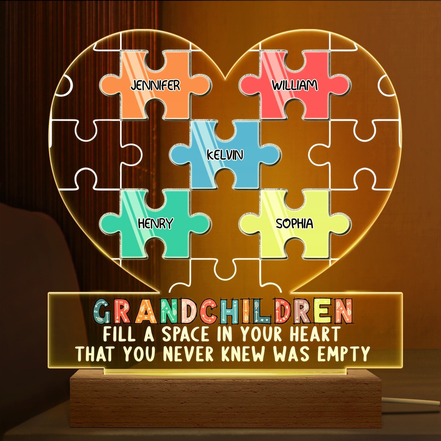 Grandchildren Fill A Space In Your Heart Puzzle - Personalized Custom 3D Led Light Wooden Base