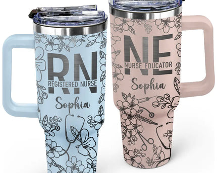Nurse Job Title Flower Pattern - Personalized Engraved 40oz Tumbler