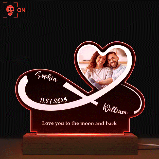 Custom Photo Infinity Heart - Personalized 3D Led Light Wooden Base