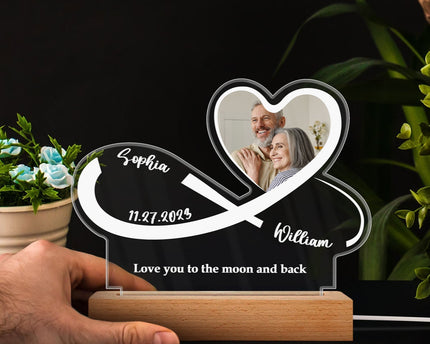 Custom Photo Infinity Heart - Personalized 3D Led Light Wooden Base