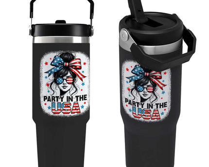 Party In USA Girls 4th of July Flip Straw Tumbler Messy Bun USA