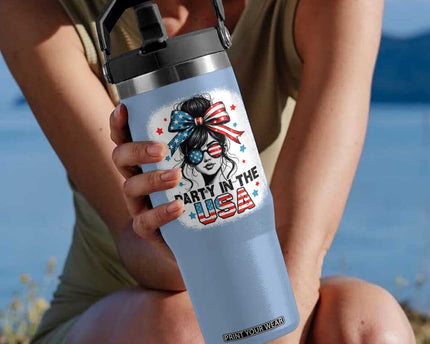 Party In USA Girls 4th of July Flip Straw Tumbler Messy Bun USA