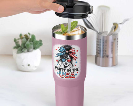 Party In USA Girls 4th of July Flip Straw Tumbler Messy Bun USA