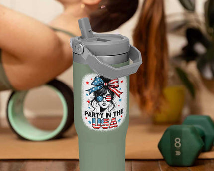 Party In USA Girls 4th of July Flip Straw Tumbler Messy Bun USA