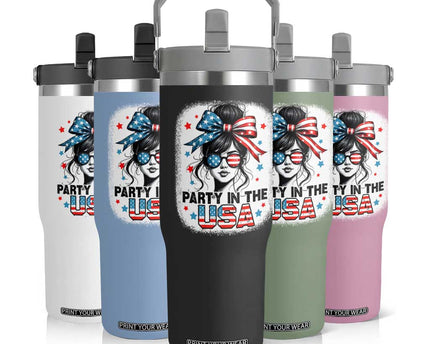 Party In USA Girls 4th of July Flip Straw Tumbler Messy Bun USA