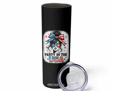 Party In USA Girls 4th of July Skinny Tumbler Messy Bun USA