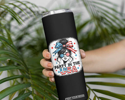 Party In USA Girls 4th of July Skinny Tumbler Messy Bun USA