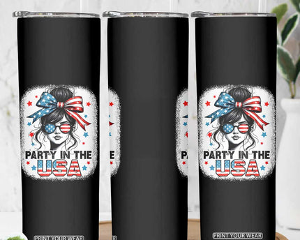 Party In USA Girls 4th of July Skinny Tumbler Messy Bun USA