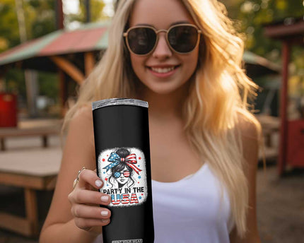 Party In USA Girls 4th of July Skinny Tumbler Messy Bun USA