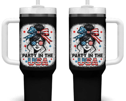 Party In USA Girls 4th of July Tumbler With Handle Messy Bun USA