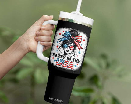 Party In USA Girls 4th of July Tumbler With Handle Messy Bun USA