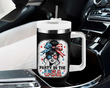Party In USA Girls 4th of July Tumbler With Handle Messy Bun USA