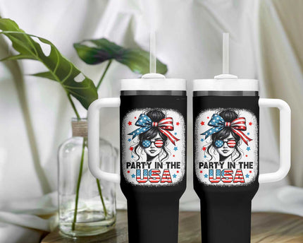 Party In USA Girls 4th of July Tumbler With Handle Messy Bun USA