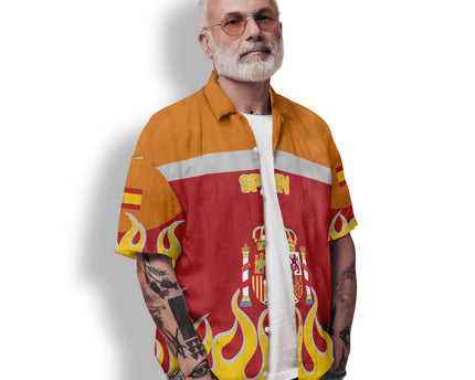 Spain Hawaiian Shirt Flag & Coat Of Arms Fire Hockey Style