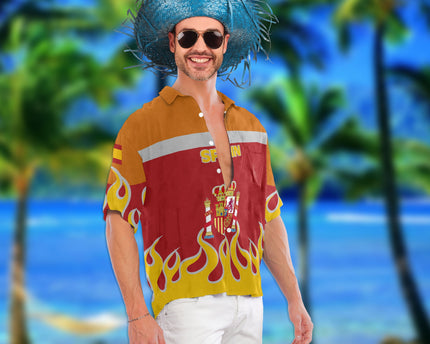 Spain Hawaiian Shirt Flag & Coat Of Arms Fire Hockey Style