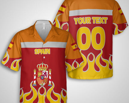 Spain Hawaiian Shirt Flag & Coat Of Arms Fire Hockey Style