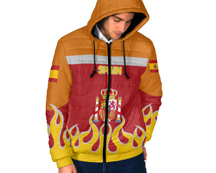 Spain Men Hooded Padded Jacket Flag & Coat Of Arms Fire Hockey Style