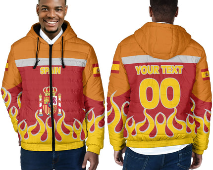 Spain Men Hooded Padded Jacket Flag & Coat Of Arms Fire Hockey Style