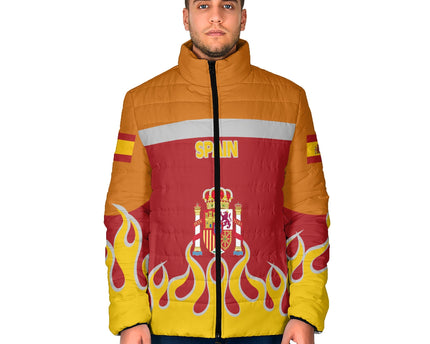 Spain Men Padded Jacket Flag & Coat Of Arms Fire Hockey Style