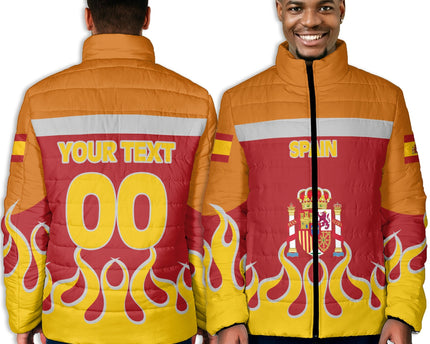 Spain Men Padded Jacket Flag & Coat Of Arms Fire Hockey Style