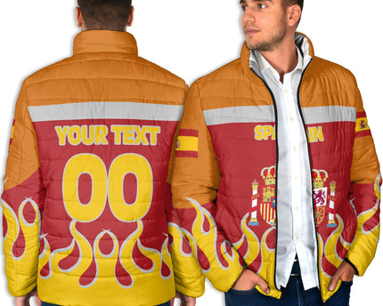Spain Men Padded Jacket Flag & Coat Of Arms Fire Hockey Style