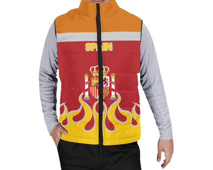 Spain Men Padded Jacket Vest Flag & Coat Of Arms Fire Hockey Style