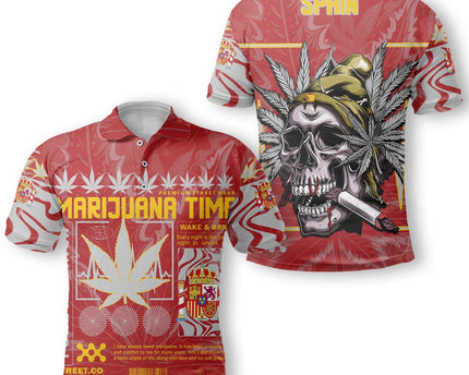 Spain Polo Shirt Flag & Coat Of Arms Marijuanas Style