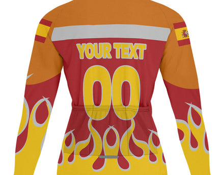 Spain Men's Cycling Jersey Long Sleeve Flag & Coat Of Arms Fire Hockey Style