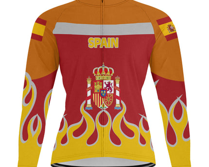 Spain Men's Cycling Jersey Long Sleeve Flag & Coat Of Arms Fire Hockey Style