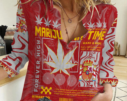 Spain Women Casual Shirt Flag & Coat Of Arms Marijuanas Style