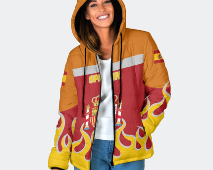 Spain Women Hooded Padded Jacket Flag & Coat Of Arms Fire Hockey Style