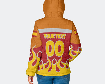 Spain Women Hooded Padded Jacket Flag & Coat Of Arms Fire Hockey Style