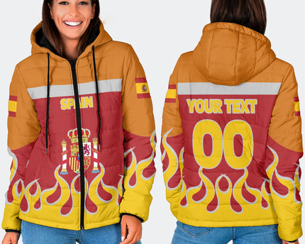 Spain Women Hooded Padded Jacket Flag & Coat Of Arms Fire Hockey Style