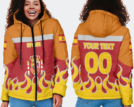 Spain Women Hooded Padded Jacket Flag & Coat Of Arms Fire Hockey Style