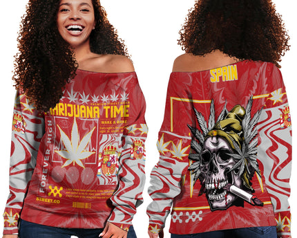 Spain Women Off Shoulder Sweatshirt Flag & Coat Of Arms Marijuanas Style