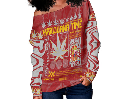 Spain Women Off Shoulder Sweatshirt Flag & Coat Of Arms Marijuanas Style
