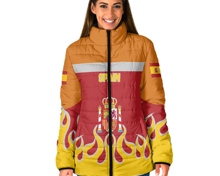 Spain Women Padded Jacket Flag & Coat Of Arms Fire Hockey Style