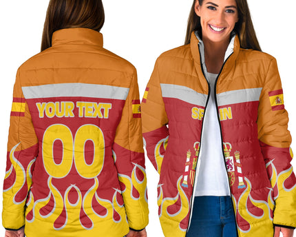 Spain Women Padded Jacket Flag & Coat Of Arms Fire Hockey Style