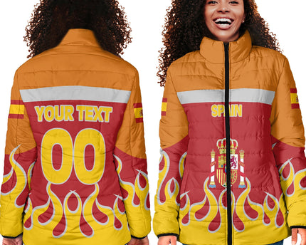 Spain Women Padded Jacket Flag & Coat Of Arms Fire Hockey Style