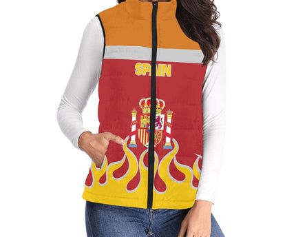 Spain Women Padded Jacket Vest Flag & Coat Of Arms Fire Hockey Style